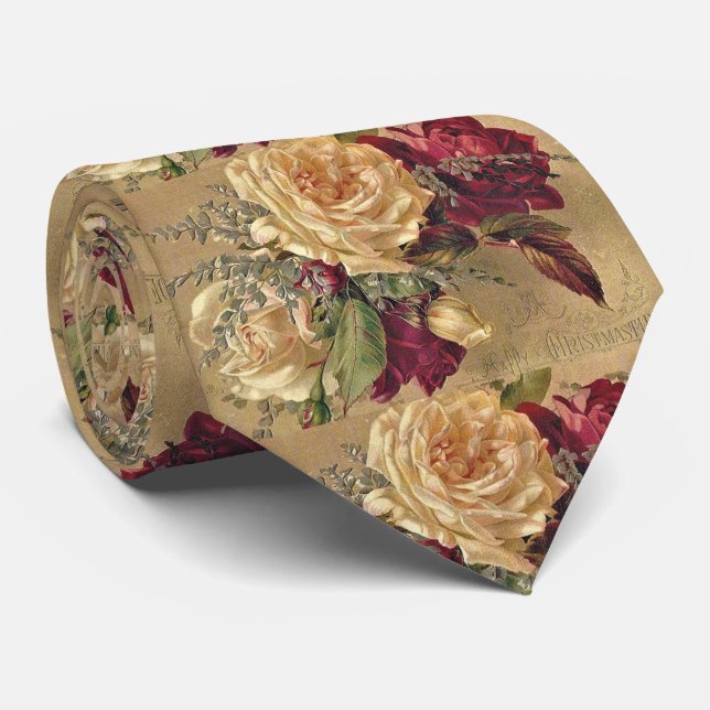 Christmas Rose Floral Gold and Burgundy  Tie (Rolled)
