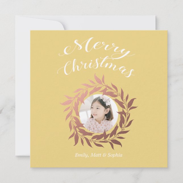 Christmas Rose Gold Wreath Yellow White Photo Holiday Card (Front)