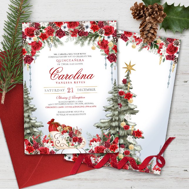 Christmas Rose Holiday Sleigh Winter Quinceanera Invitation (Creator Uploaded)