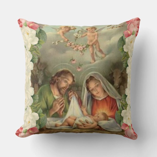 Christmas Roses Baby Jesus St. Joseph, Mary, Angel Cushion (Front)