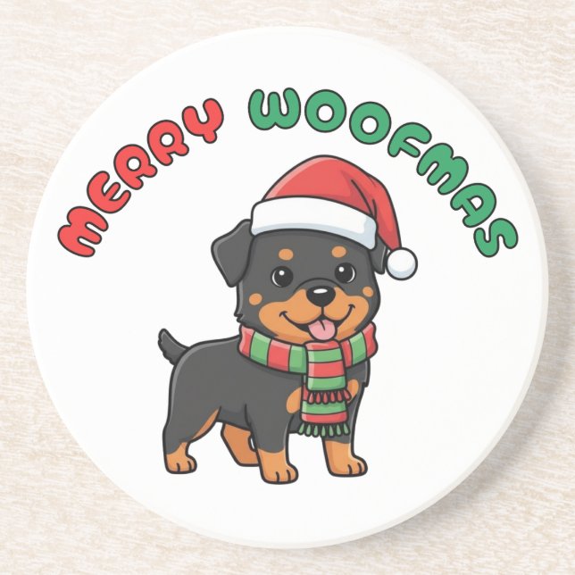 Christmas Rottweiler Coaster: Merry Woofmas Coaster (Front)