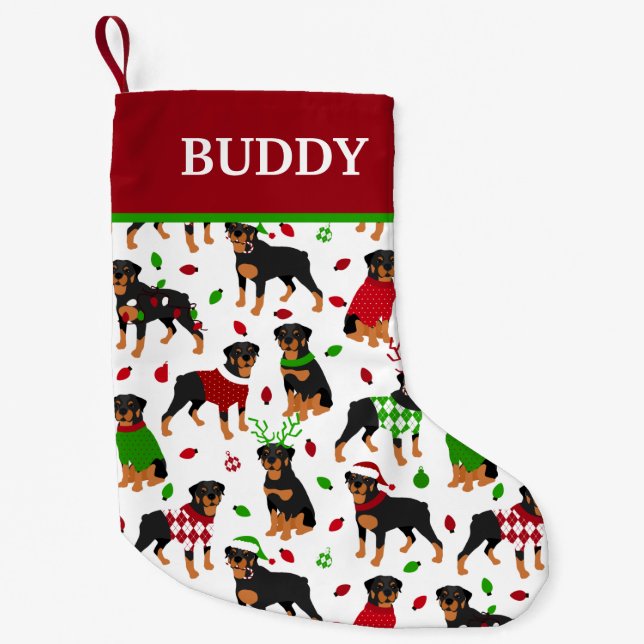 Christmas Rottweiler Custom Name Small Christmas Stocking (Front)