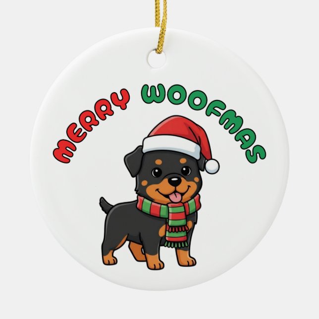 Christmas Rottweiler Ornament: Merry Woofmas Ceramic Ornament (Front)