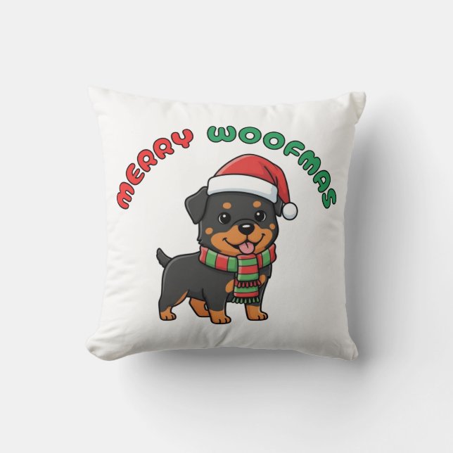 Christmas Rottweiler Pillow: Merry Woofmas Cushion (Front)