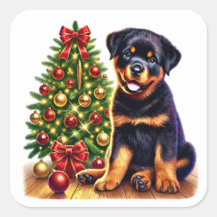 Christmas Rottweiler Puppy by the Festive Tree Square Sticker