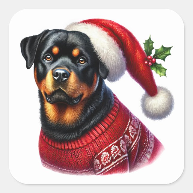 Christmas Rottweiler Wearing a Festive Sweater Square Sticker (Front)