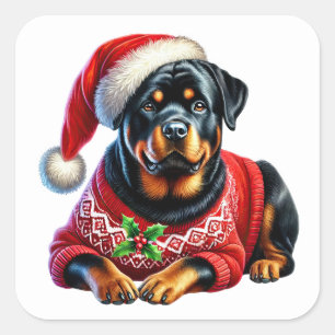 Christmas Rottweiler Wearing a Festive Sweater Square Sticker