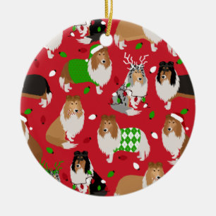 Christmas Rough Collie Ceramic Ornament
