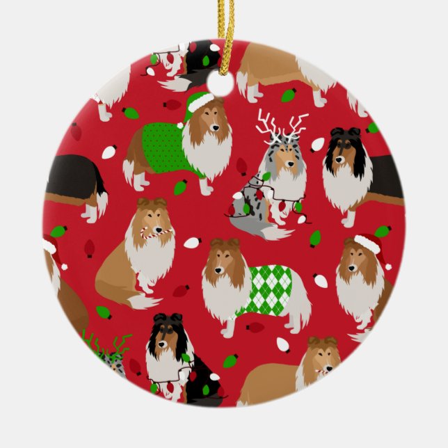 Christmas Rough Collie Ceramic Ornament (Front)