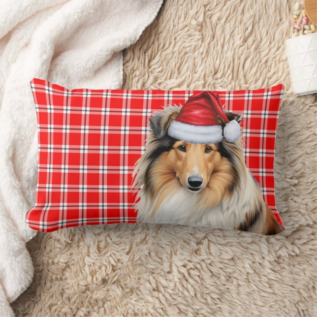 Christmas Rough Collie Dog Red Holiday Plaid Lumbar Cushion (Blanket)