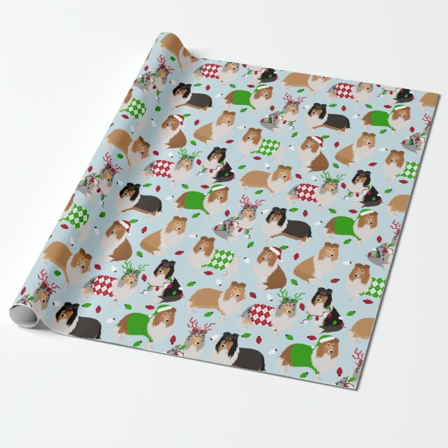Christmas Rough Collie Wrapping Paper (Unrolled)