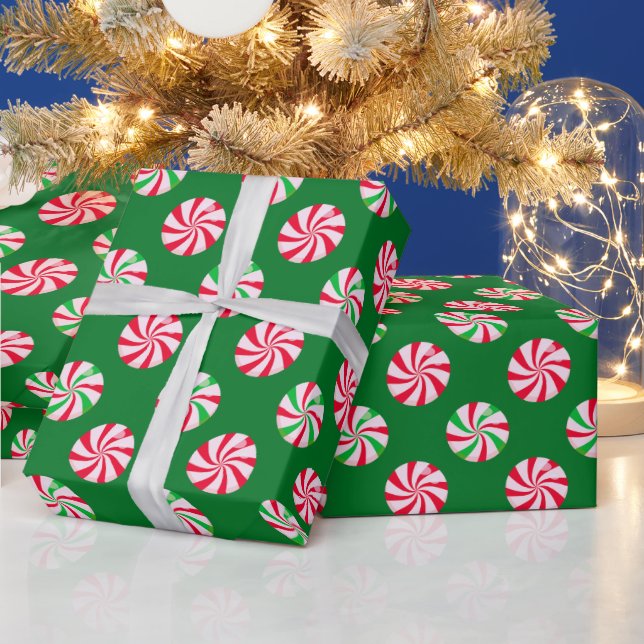 Christmas Round Peppermint Candy Green  Wrapping Paper (Holidays)