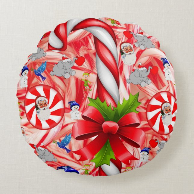 Christmas Round Pillow, Candy Cane Cushion (Front)