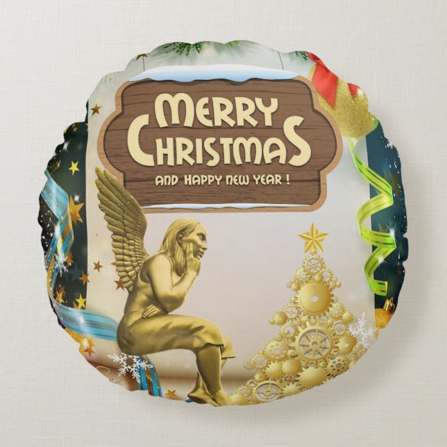 Christmas Round Pillow, Christmas Angel Round Cushion (Front)