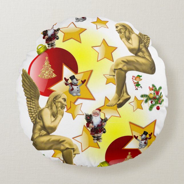 Christmas Round Pillow, Christmas Angel Round Cushion (Front)