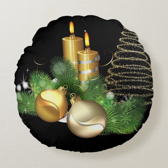 Christmas Round Pillow, Christmas Candle Cushion (Front)