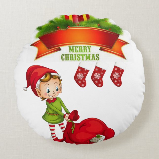 Christmas Round Pillow, Elf Cushion (Front)