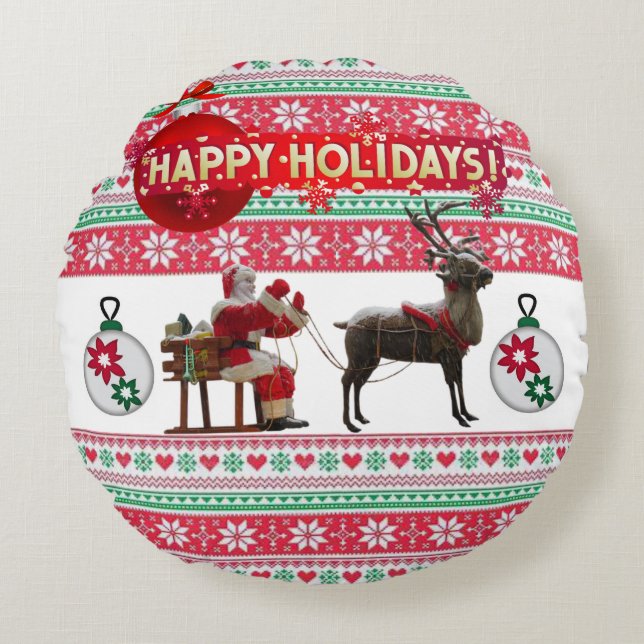 Christmas Round Pillow, Happy Holidays Cushion (Front)