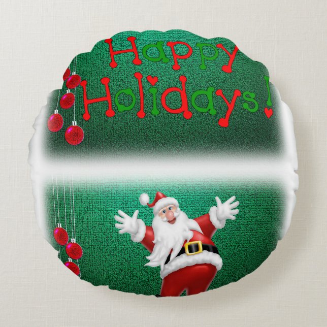 Christmas Round Pillow, Happy Holidays Cushion (Front)