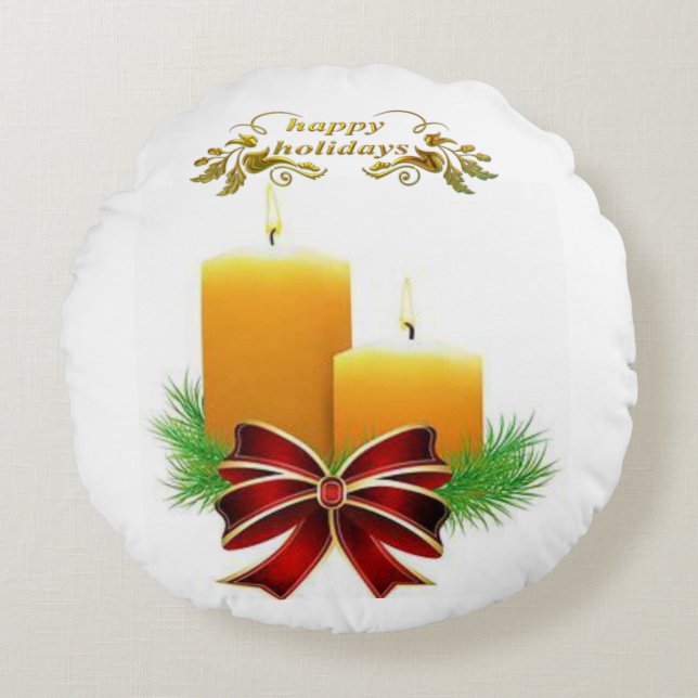 Christmas Round Pillow, Happy Holidays Round Cushion (Front)