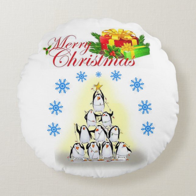 Christmas Round Pillow, Penguin Cushion (Front)