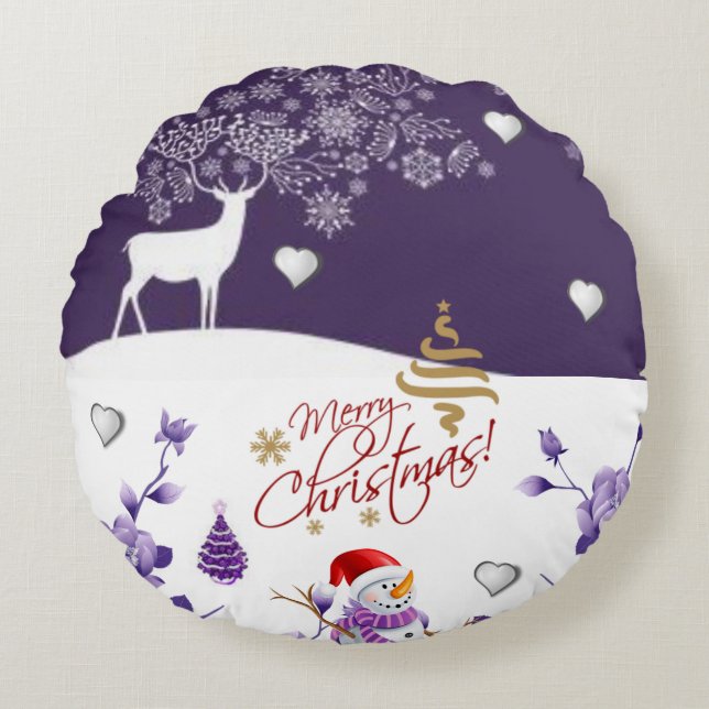 Christmas Round Pillow, Reindeer Cushion (Front)