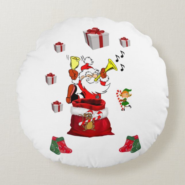 Christmas Round Pillow, Santa Round Cushion (Front)