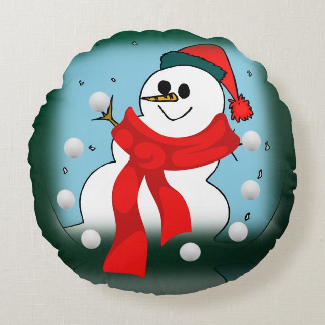Christmas Round Pillow, Snowman Cushion (Front)