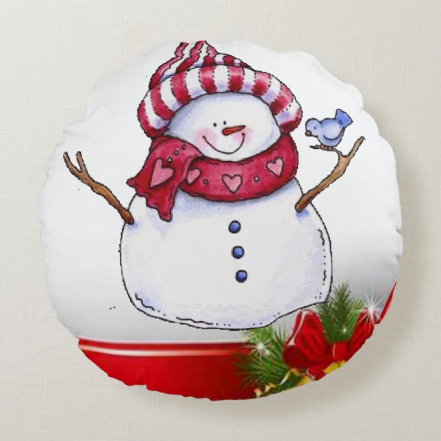 Christmas Round Pillow, Snowman Cushion (Front)