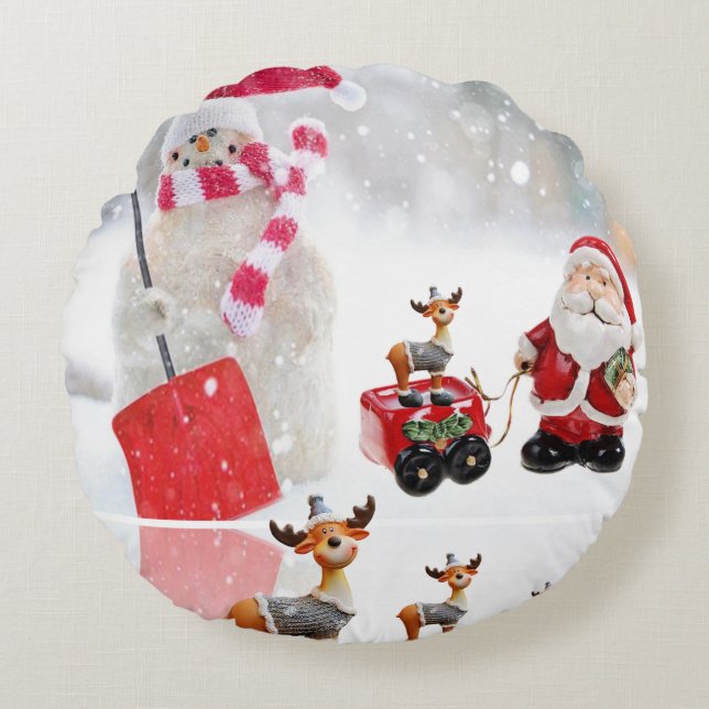 Christmas Round Pillow, Snowman Cushion (Front)