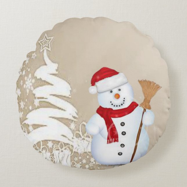 Christmas Round Pillow, Snowman Cushion (Front)