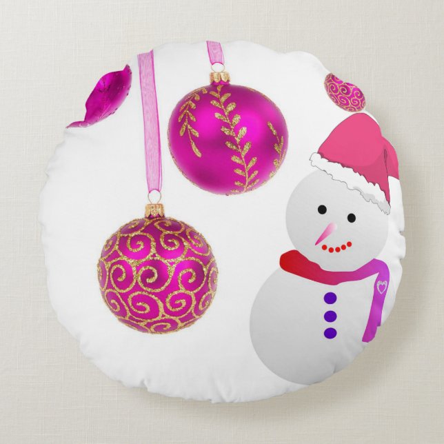 Christmas Round Pillow, Snowman Cushion (Front)