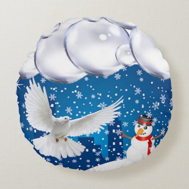 Christmas Round Pillow, Snowman Cushion (Front)