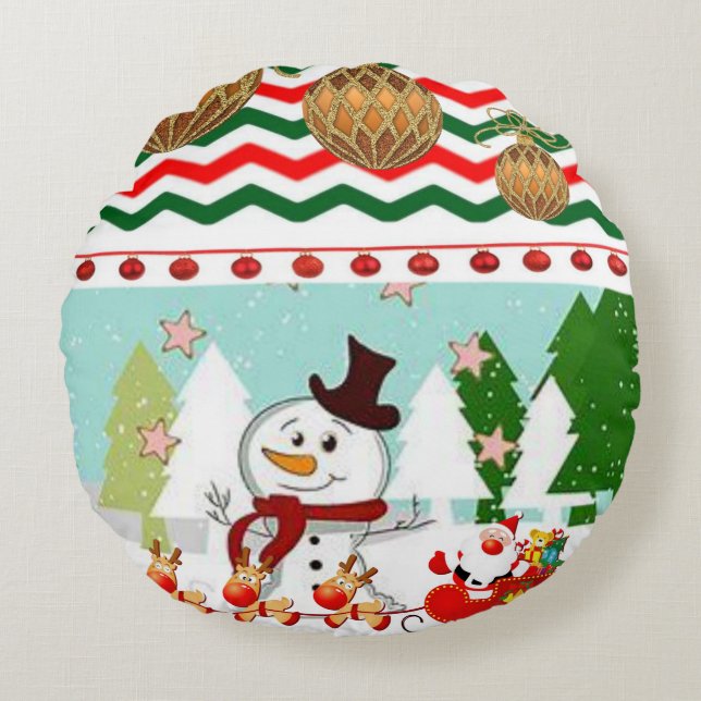 Christmas Round Pillow, Snowman Cushion (Front)