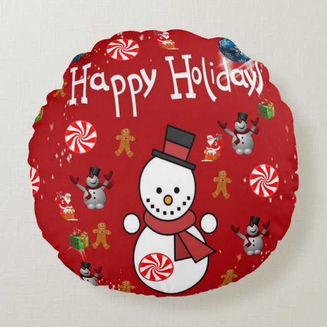 Christmas Round Pillow, Snowman Cushion (Front)