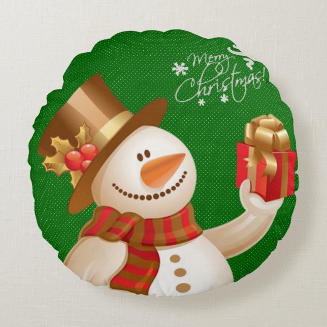 Christmas Round Pillow, Snowman Cushion (Front)