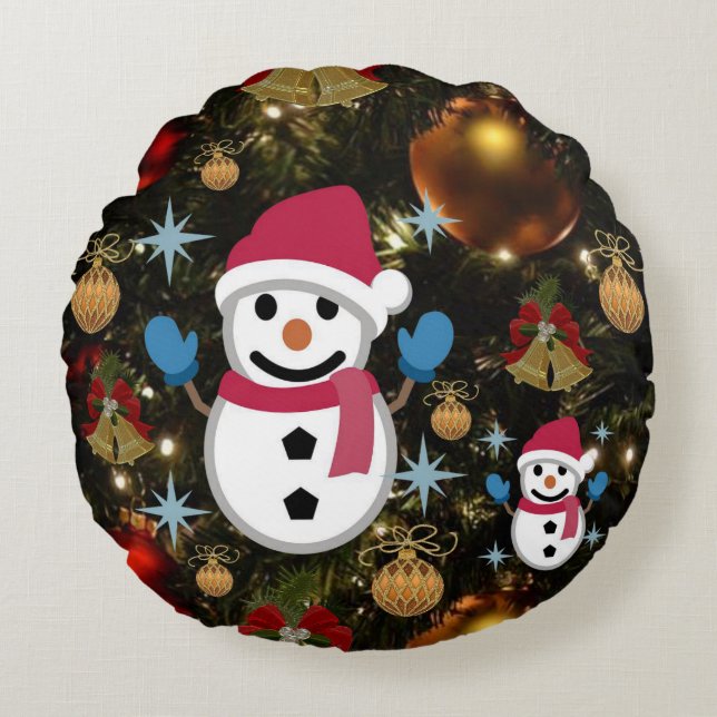 Christmas Round Pillow, Snowman Cushion (Front)