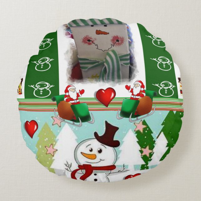 Christmas Round Pillow, Snowman Cushion (Front)