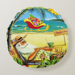 Christmas Round Pillow, Summer Beach Santa Cushion