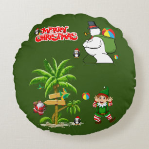 Christmas Round Pillow, Summer Beach Santa Round Cushion