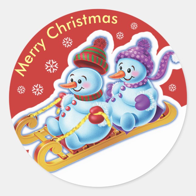 Christmas round sticker Snowmen Snow sports. (Front)