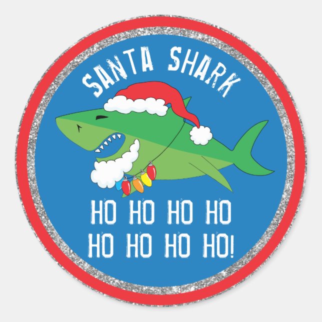Christmas Round Stickers Santa Shark Personalise (Front)
