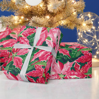 Christmas Ruby Pink Poinsettia N Leaves Pattern Wrapping Paper