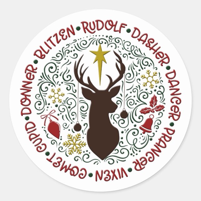 Christmas Rudolf and Reindeer Names Holiday Classic Round Sticker (Front)