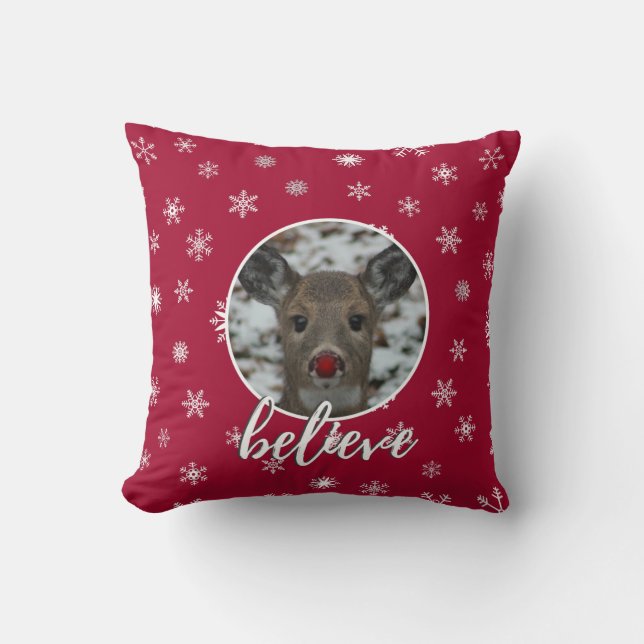 Christmas Rudolph Pillow | Believe Throw Pillow (Front)