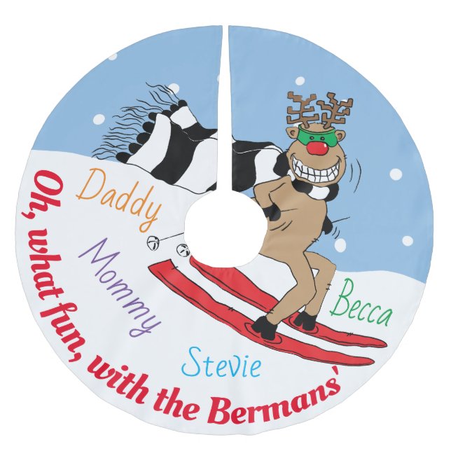Christmas Rudolph Skiing Brushed Polyester Tree Skirt (Front)