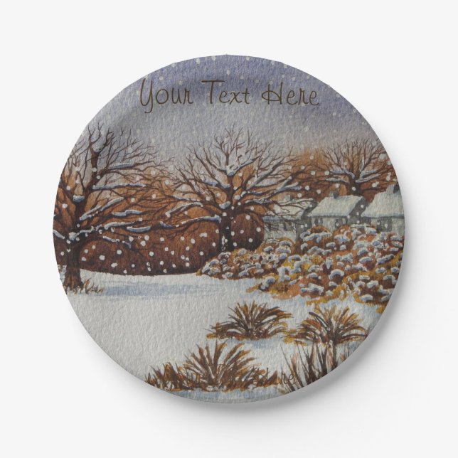 Christmas rural cottages snow scene art paper plate (Front)