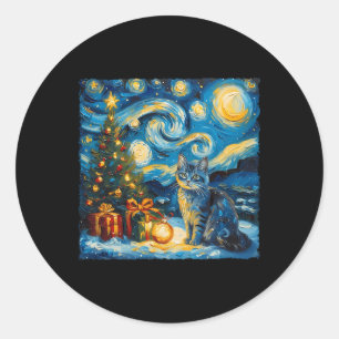Christmas Russian Blue Cat Art Van Gogh's The Star Classic Round Sticker