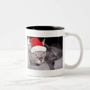 Christmas Russian Blue  Grey Cats Two-Tone Coffee Mug