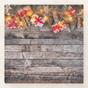 Christmas rustic background, wooden planks. glass coaster